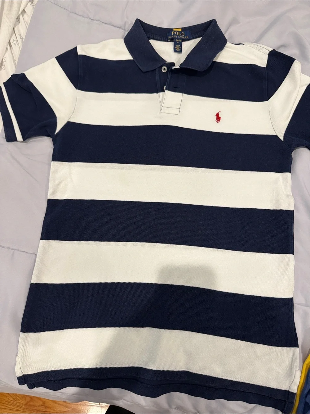 Ralph Lauren Boys Navy & White Striped Polo with Red Pony